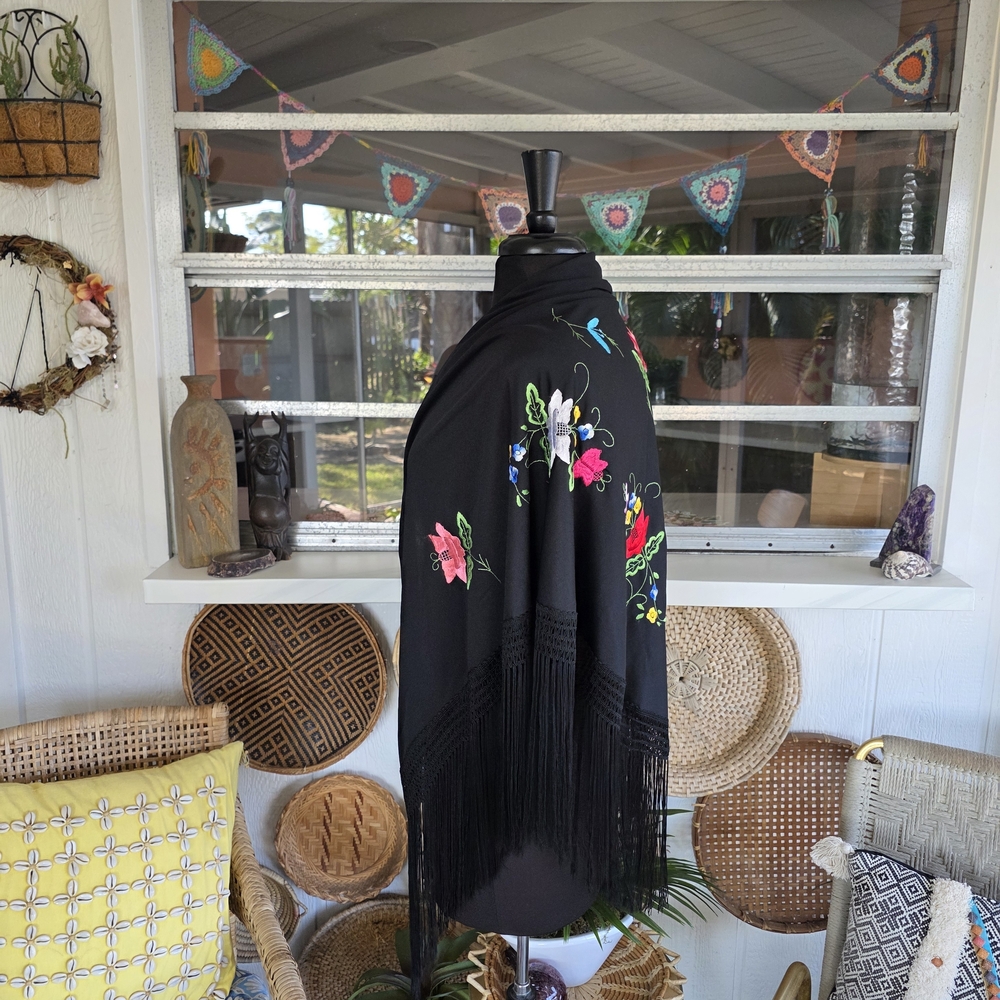 Vintage Boho Chic Fringe Black Floral Embroidered Wrap Triangle Scarf - Picture 9 of 13